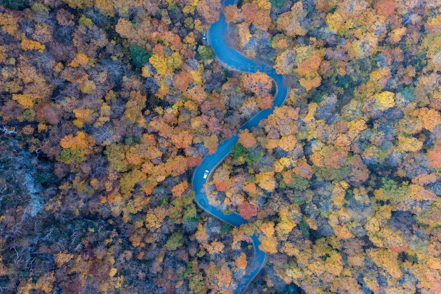 Winding road with peak fall foliage in Smugglers Notch, Vermont. photo