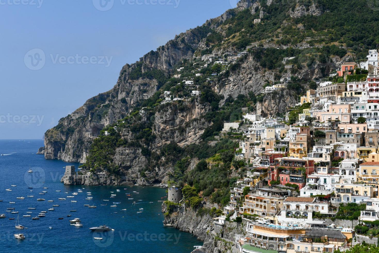 Aerial view of Positano with comfortable beach and blue sea on Amalfi Coast in Campania, Italy. Amalfi coast is popular travel and holyday destination in Europe. photo