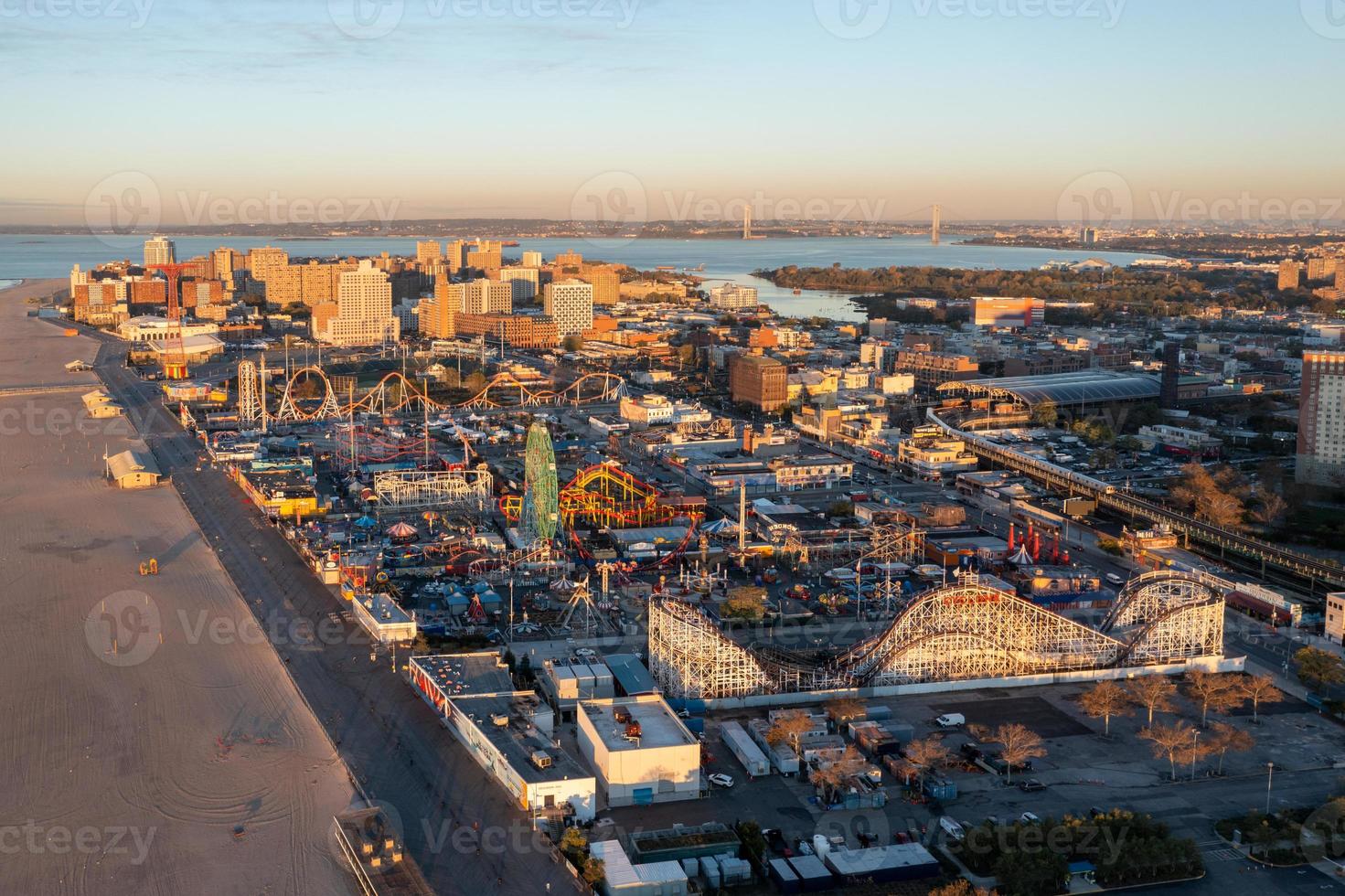 Aerial view along Coney Island in Brooklyn, New York at sunrise. photo