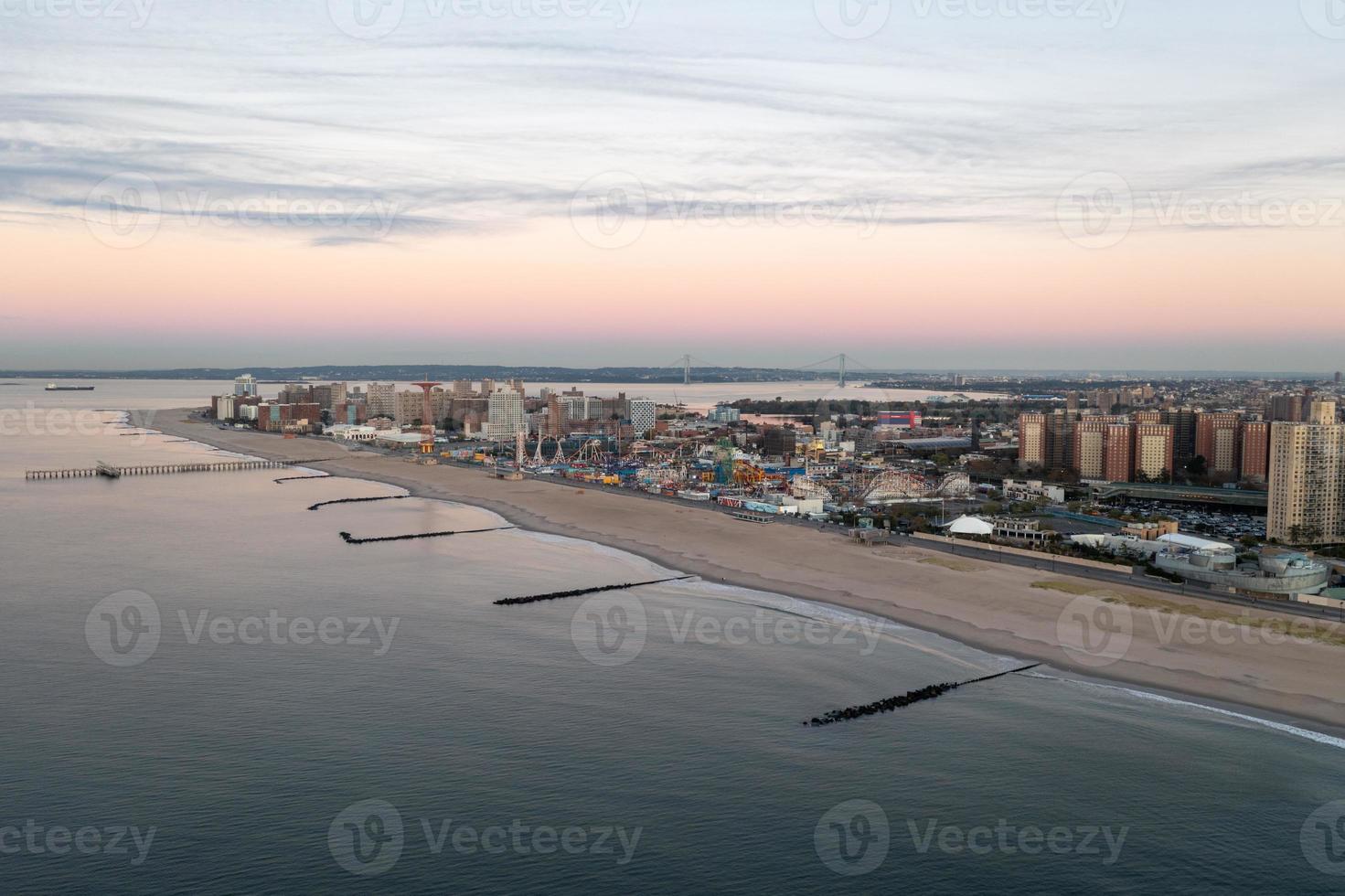 Aerial view along Coney Island in Brooklyn, New York at sunrise. photo