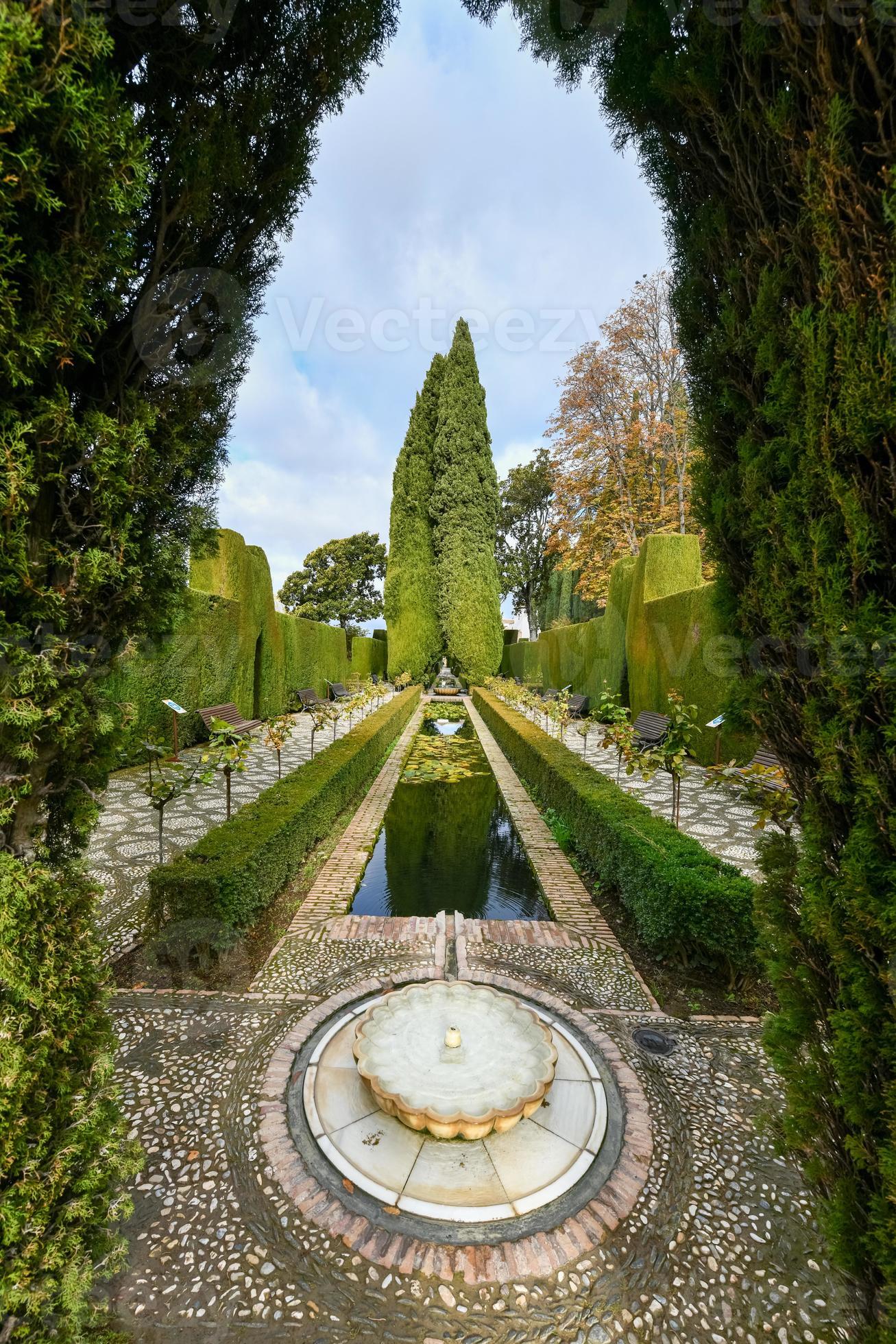 Beautiful Scenery of the Garden at Alhambra Palace in Granada, Spain