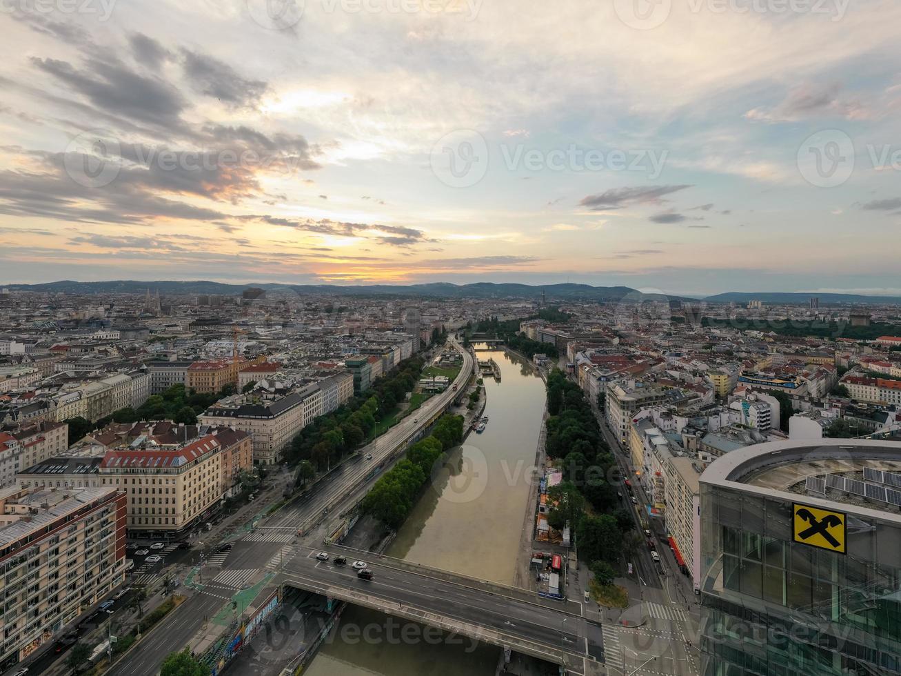 Vienna, Austria - Jul 18, 2021, View of the Danube Canal and Vienna Skyline in Vienna, Austria photo