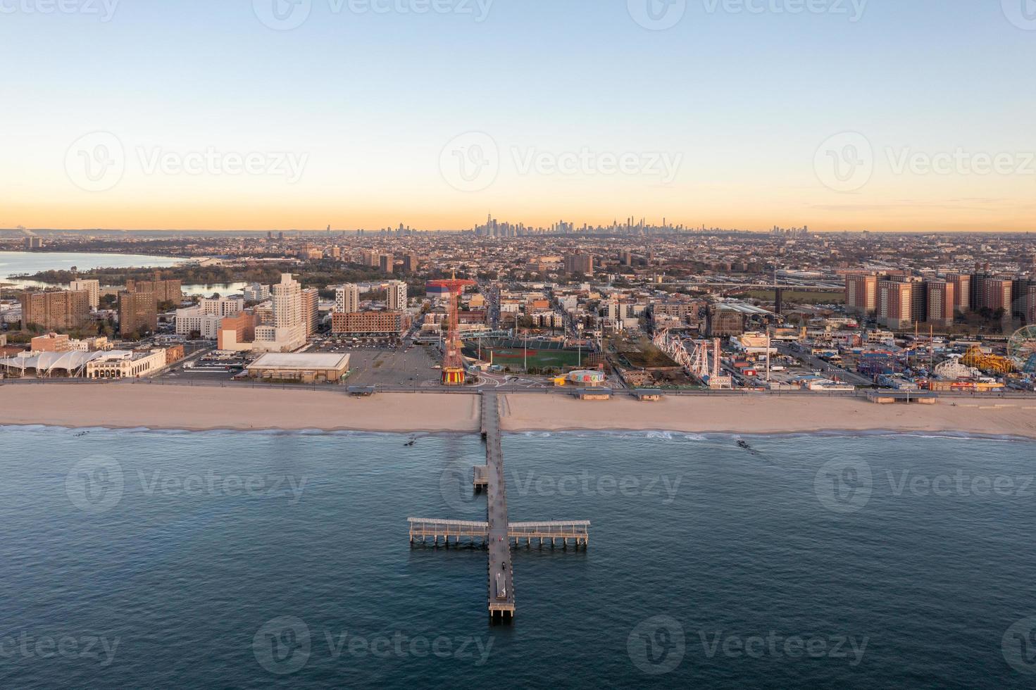 Aerial view along Coney Island in Brooklyn, New York at sunrise. photo