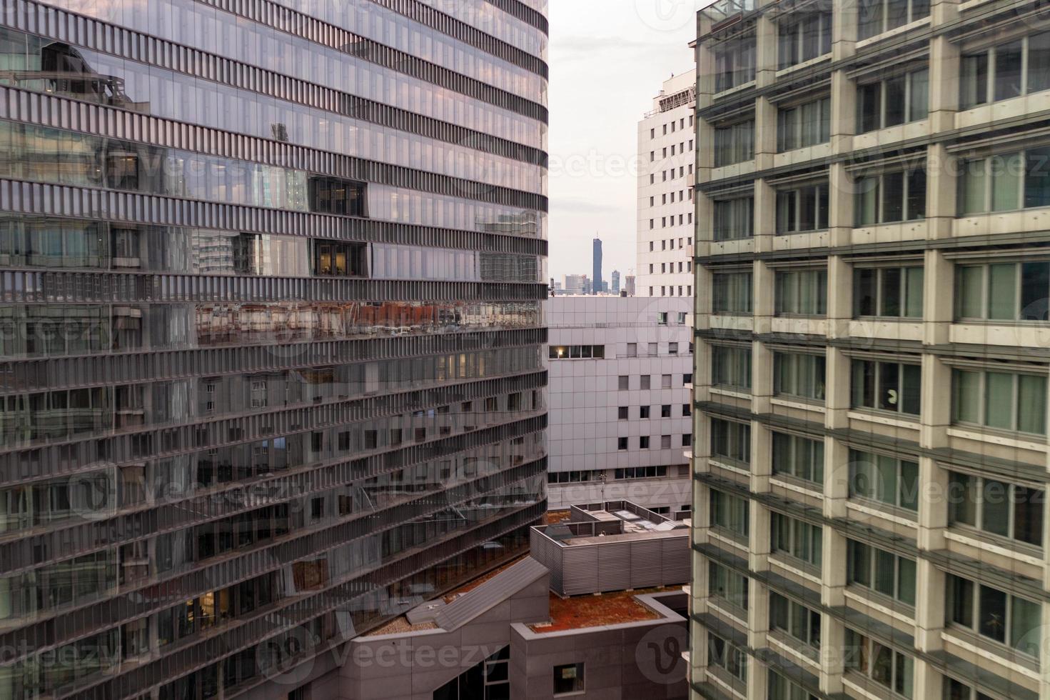 Aerial view of skyscrapers in Vienna, Austria along the Danube Canal. photo