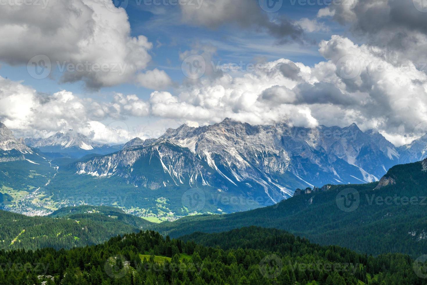 Panoramic landscape of the Cinque Torri in the  Dolomite mountains of Italy. photo