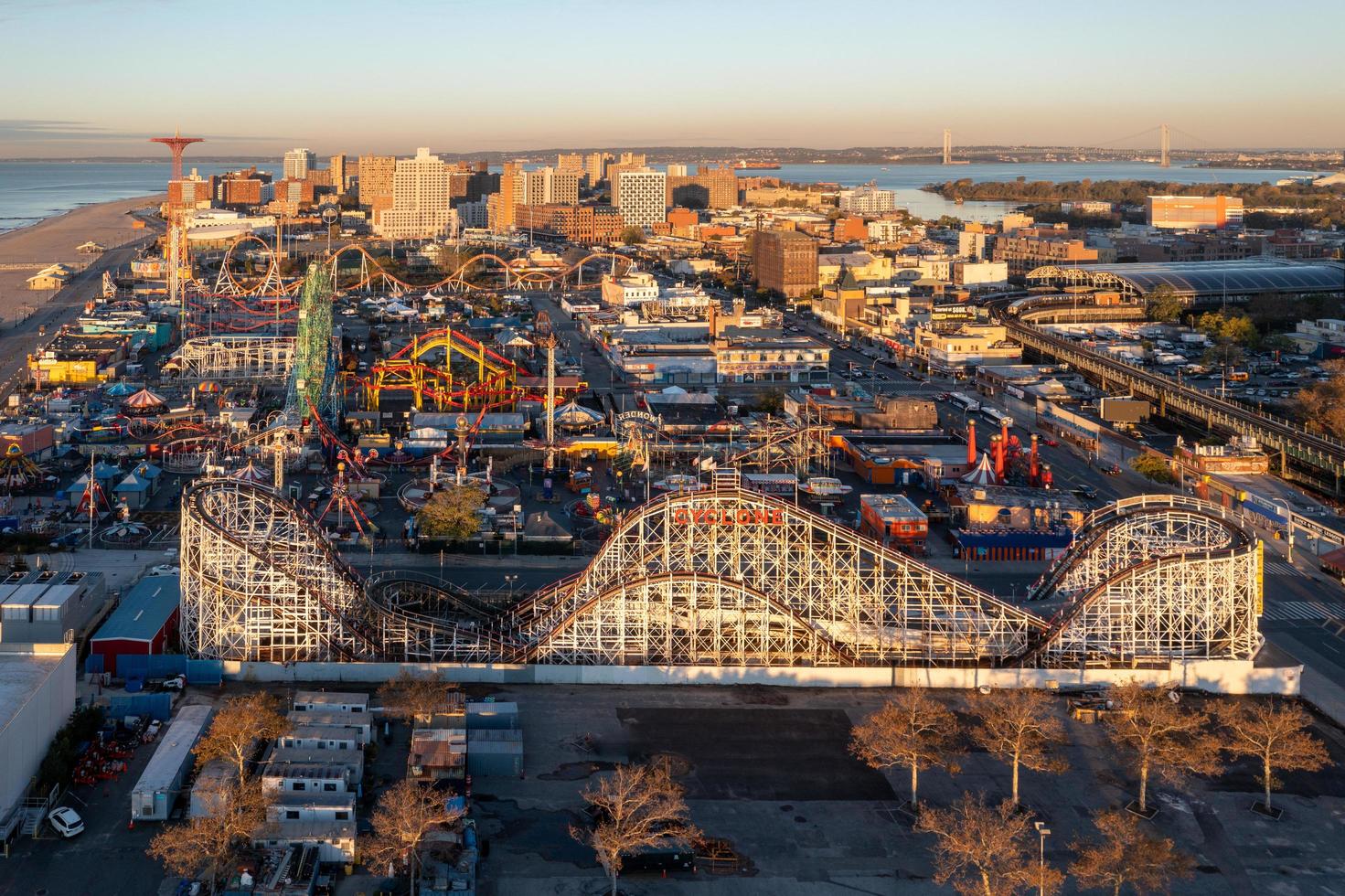 New York - October 28, 2021, Aerial view along Coney Island in Brooklyn, New York at sunrise. photo