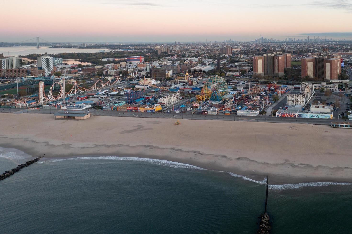 New York - October 28, 2021, Aerial view along Coney Island in Brooklyn, New York at sunrise. photo