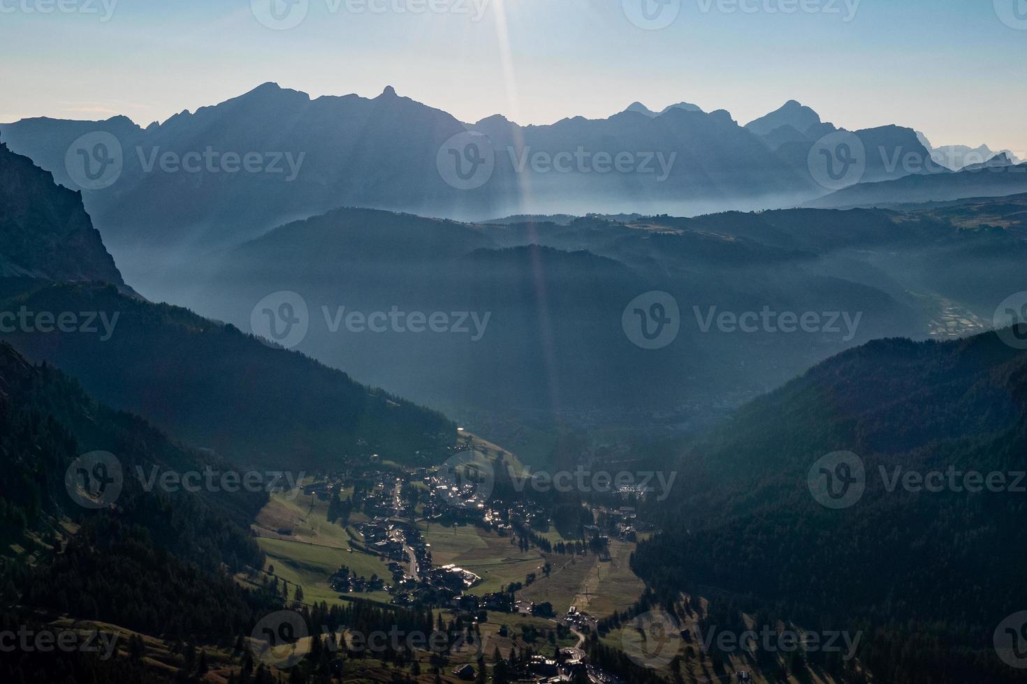 Aerial view of Gardena Pass, Passo Gardena, Rifugio Frara, Dolomiti, Dolomites, South Tyrol, Italy, UNESCO World Heritage. photo