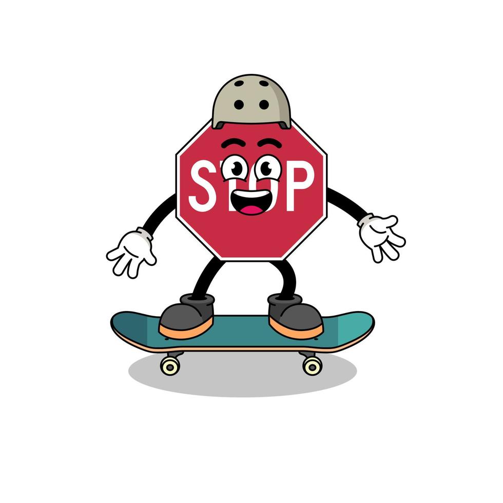 stop road sign mascot playing a skateboard vector