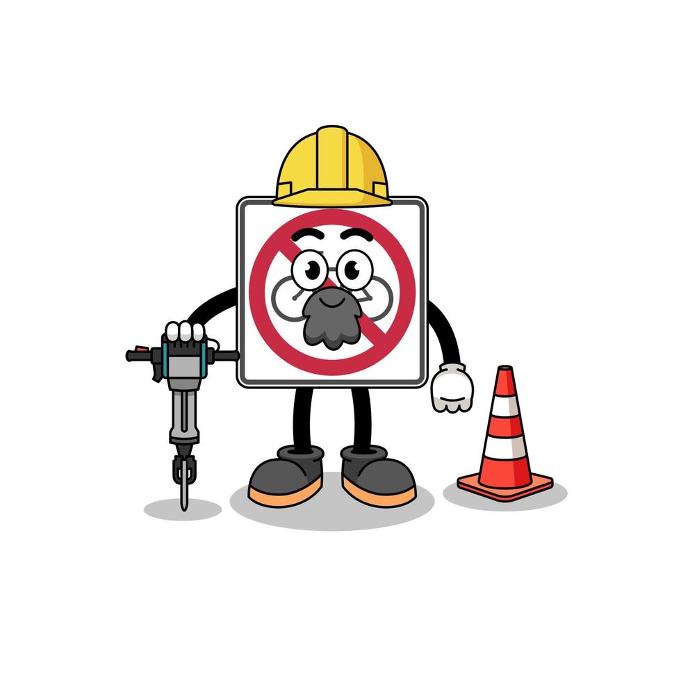 Character cartoon of no bicycles road sign working on road construction vector