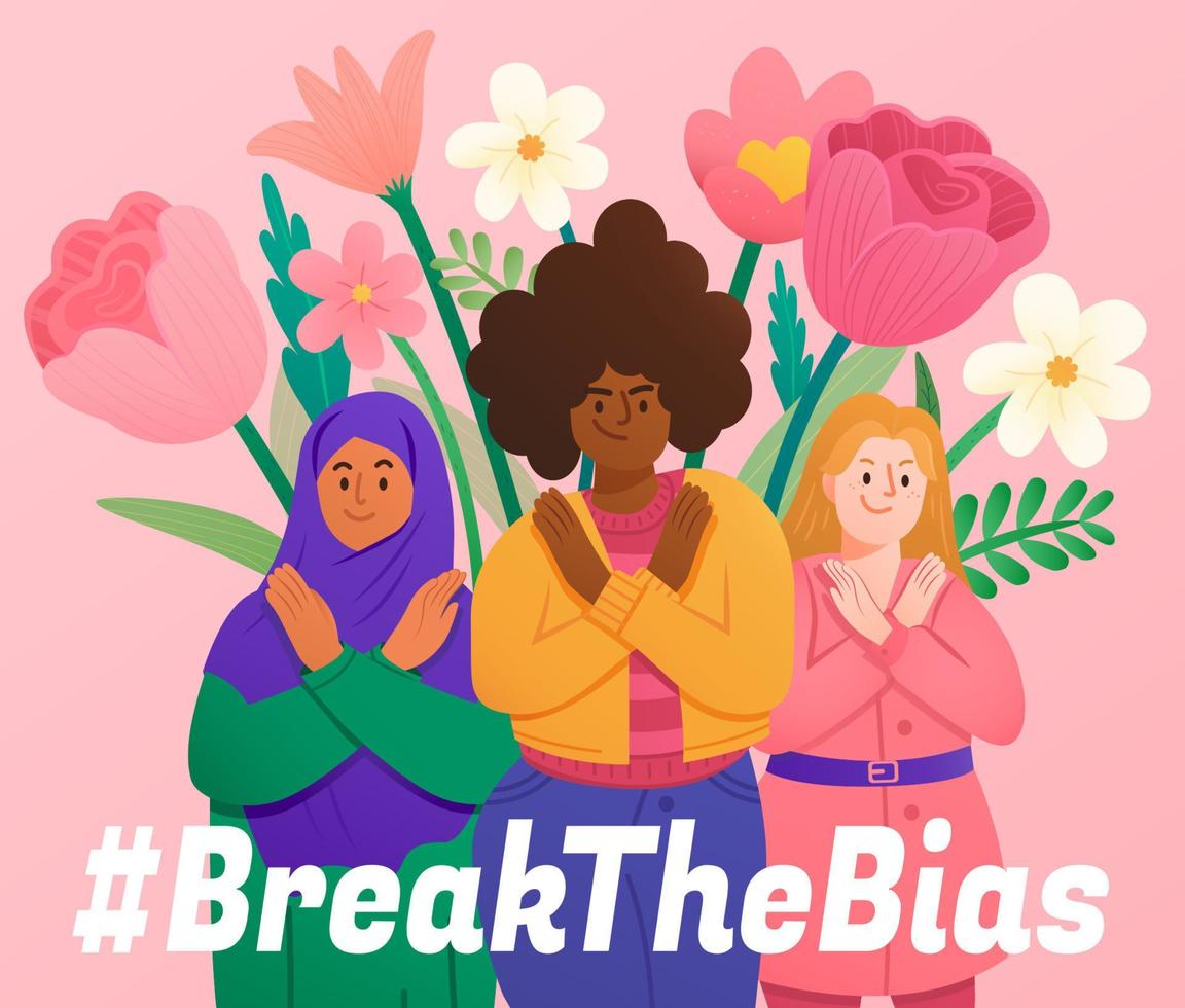 International Women's Day illustration. Diverse women crossing their arms with spring flowers in the background. 2022 break the bias concept. vector