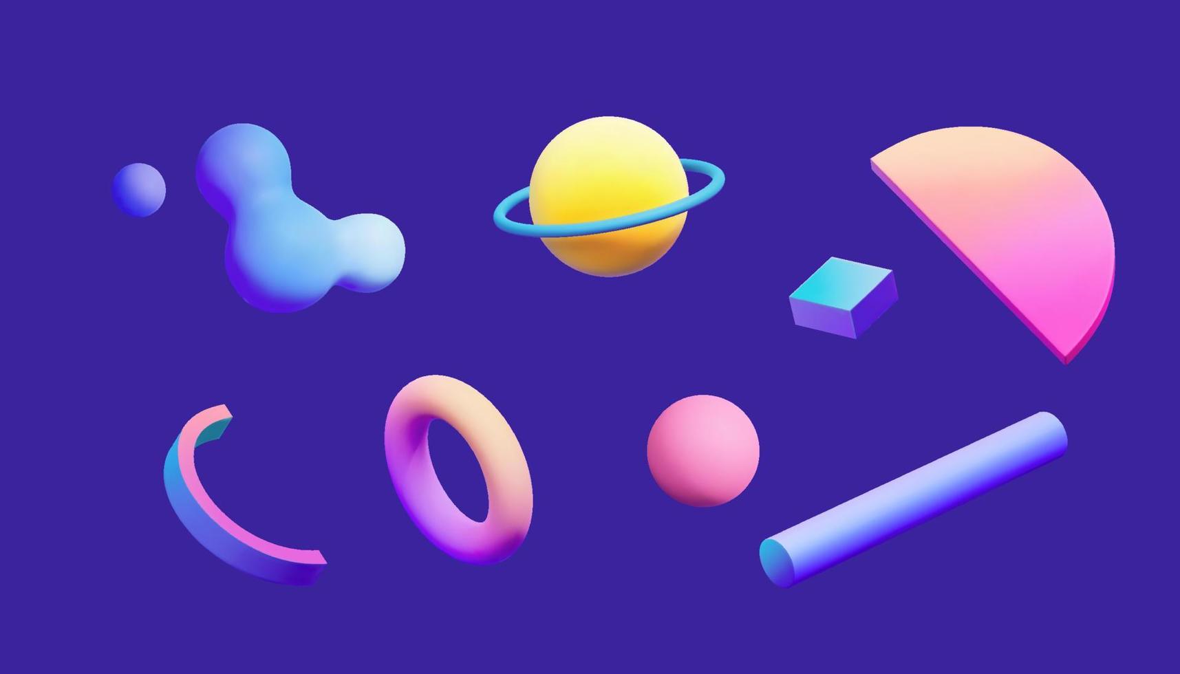 3d colorful gradient geometric shapes, including fluid bubbles, ring, sphere, cube, cylinder and semicircle plate. Isolated blue background. vector