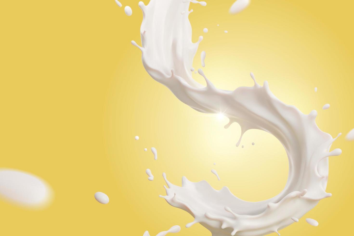 Closeup look at milk splashes in the air. 3d liquid splashing effect isolated on yellow background. vector