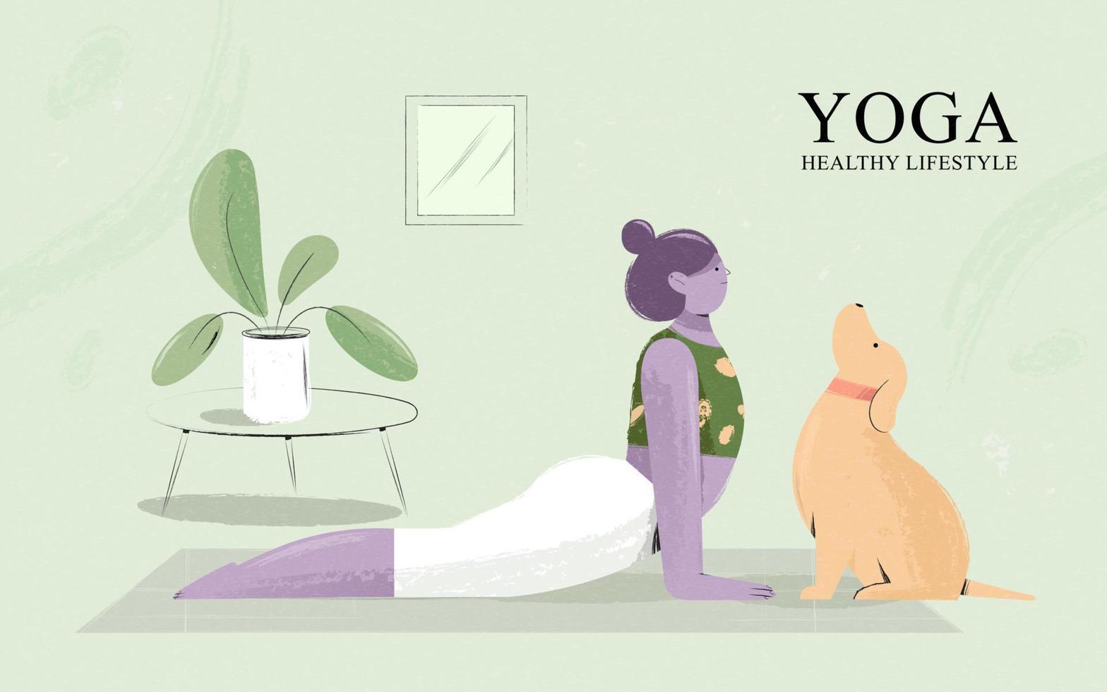 aptitud niña haciendo cobra actitud yoga con mascota perro a hogar. hogar rutina de ejercicio o yoga sano estilo de vida concepto. vector