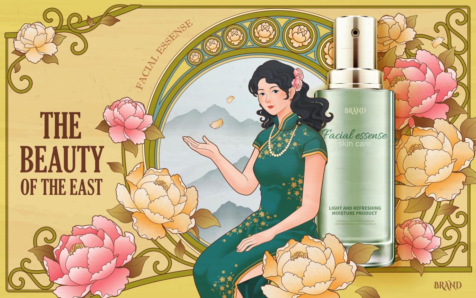 Mucha style skincare product ad.  Illustration of 3D Facial essence spray with Asian goddess in decorative Art Nouveau style vector