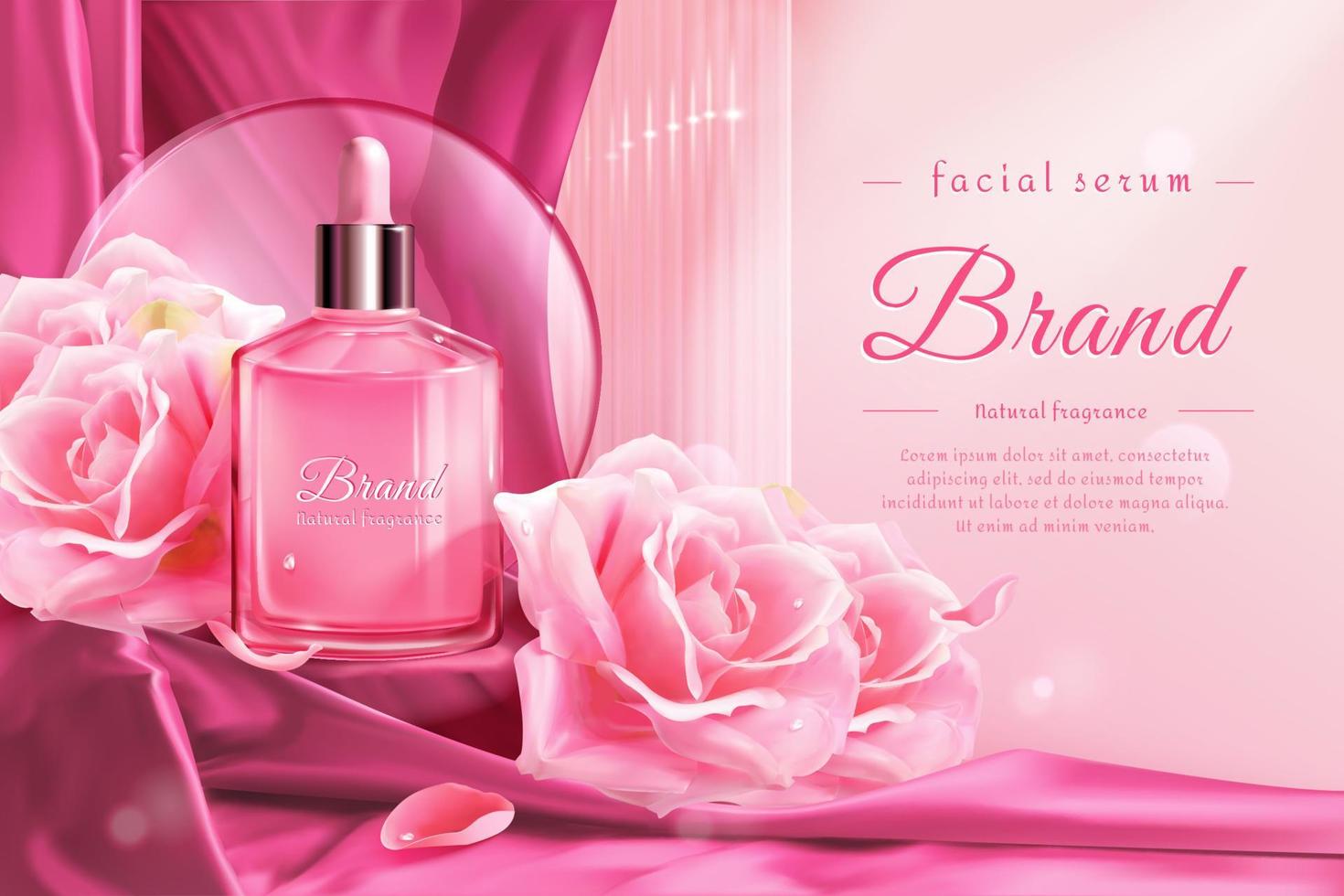 3d romantic facial serum product ad template. Dropper bottle mock-up displayed on a stair covered by pink satin fabric with roses and glass disk. vector