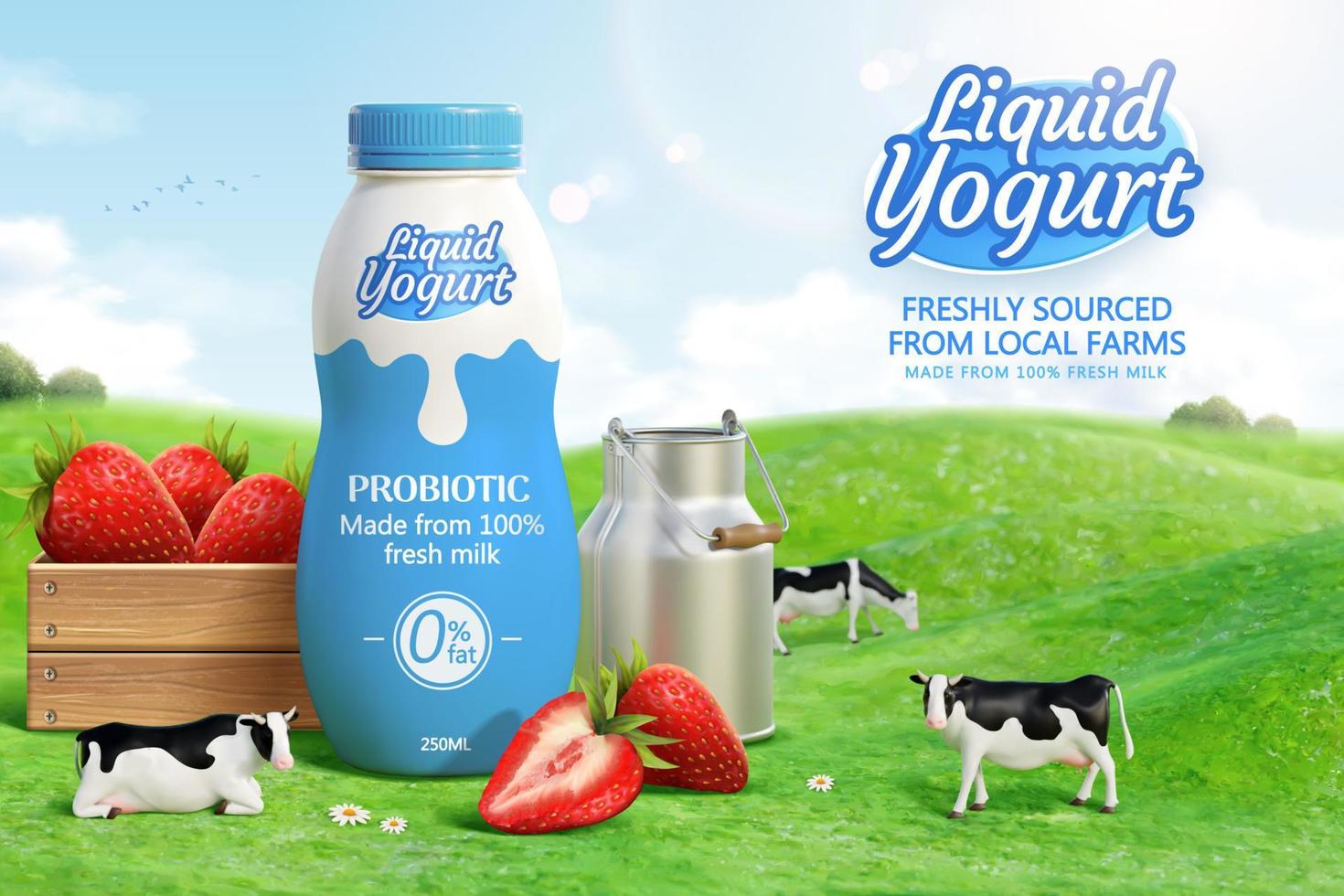 3d liquid yogurt ad template for product display. Yogurt bottle mock-up on farmland with a wooden box of strawberries, milk can and cows grazing on the meadow. vector