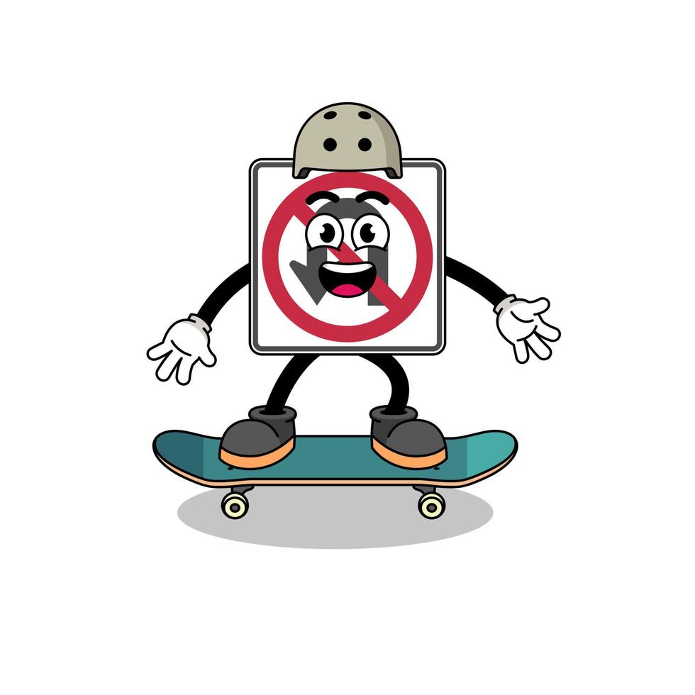 no U turn road sign mascot playing a skateboard vector