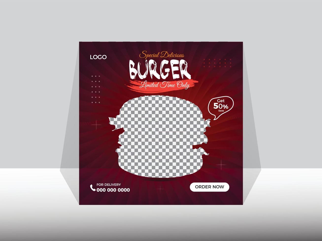 Fast food social media template for restaurant, Super Delicious Burger Flyer Design. vector