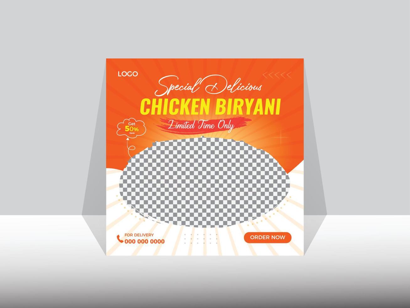 social medios de comunicación pollo Biryani modelo. cuadrado comida diseño. vector