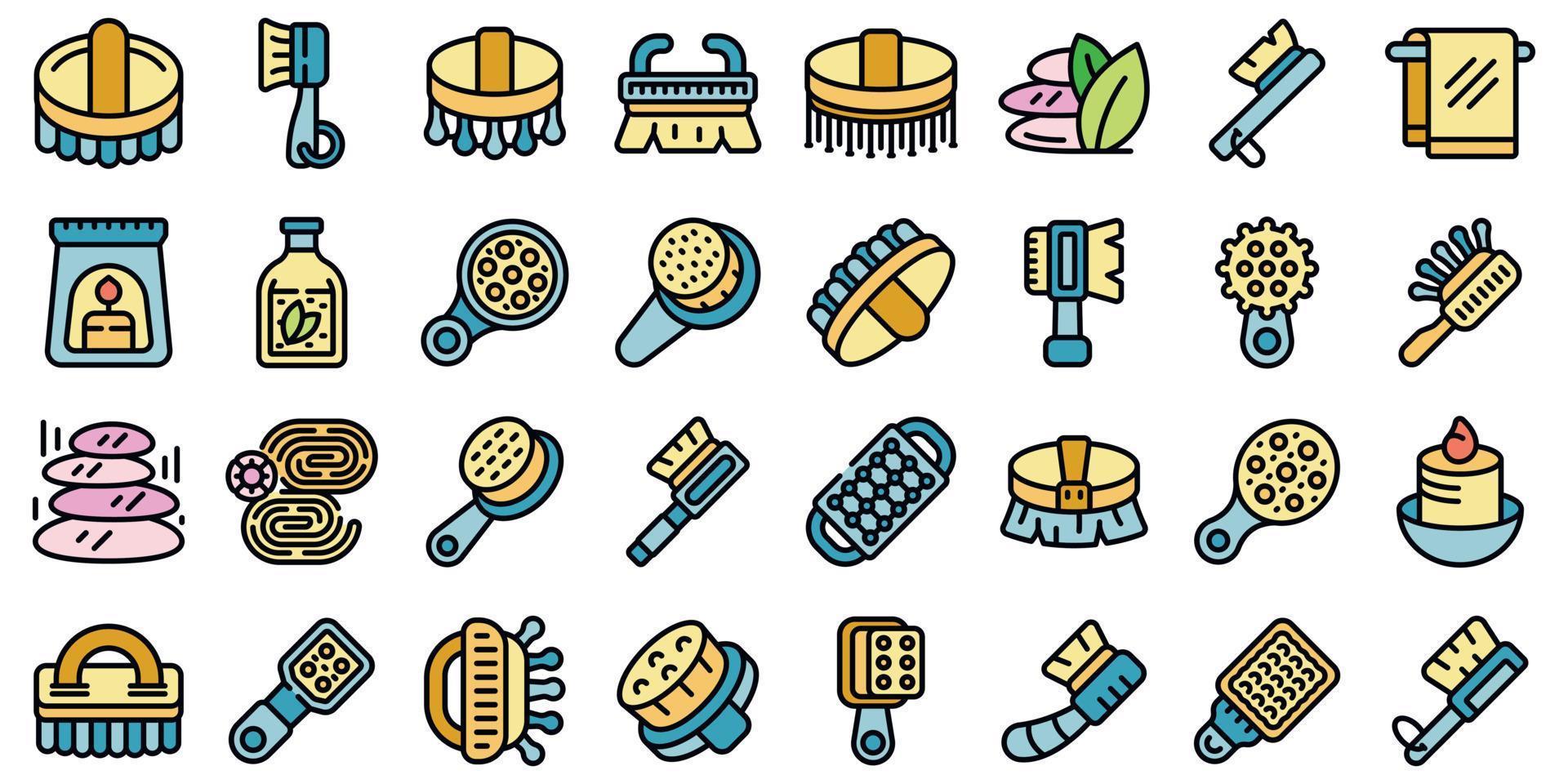 Body massage brush icons set vector color flat