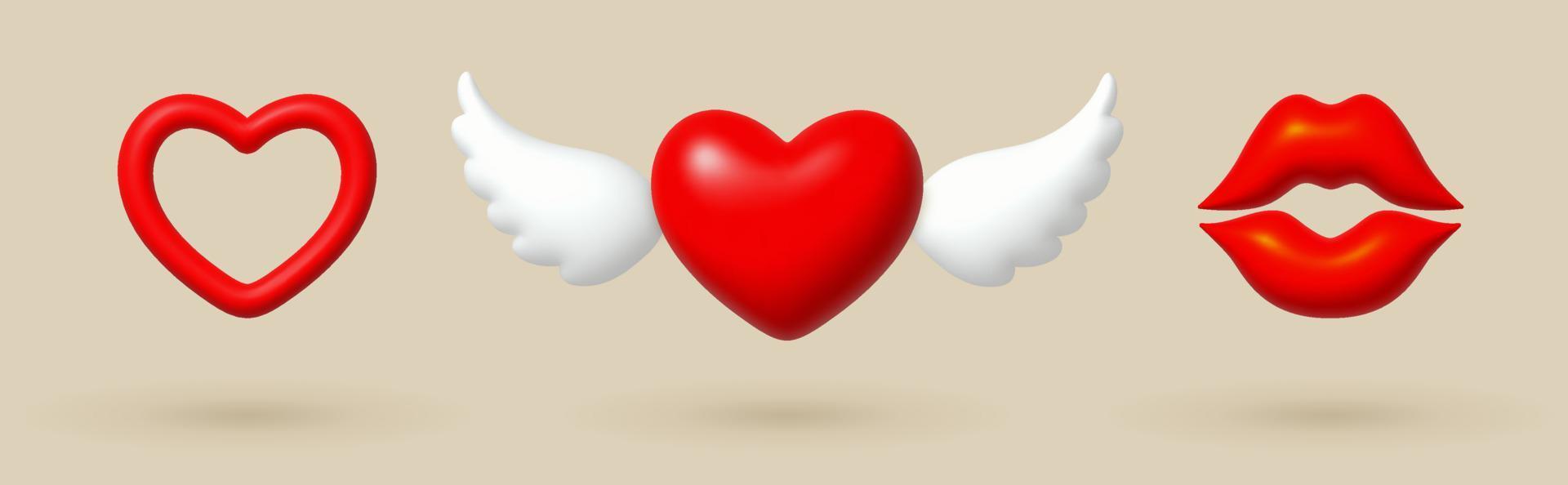 Happy Valentine's day. Love 3d icons hearts and lips. vector