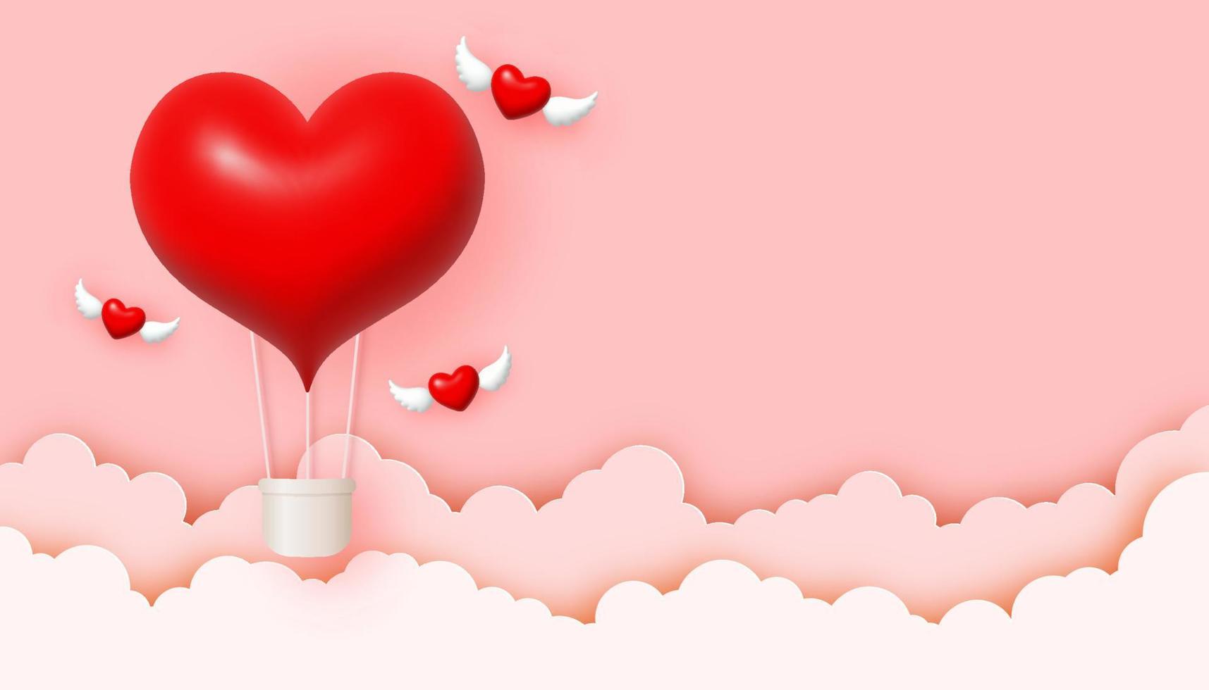 contento San Valentín día tarjeta. hermosa 3d corazón aire globo y papel nubes en rosado cielo antecedentes. vector