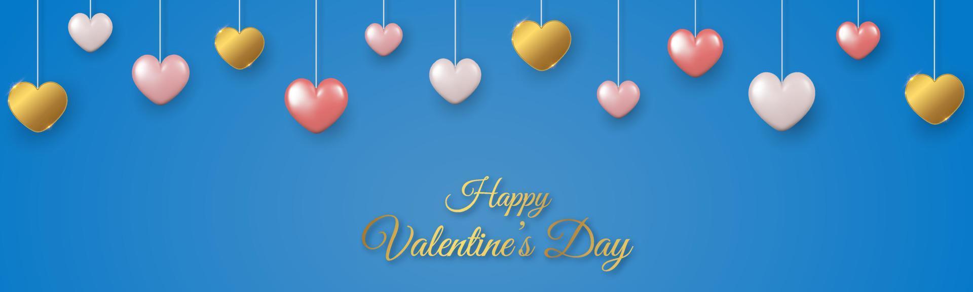 Happy Valentine's Day horizontal banner with pink, white and gold 3d hearts on blue background. vector