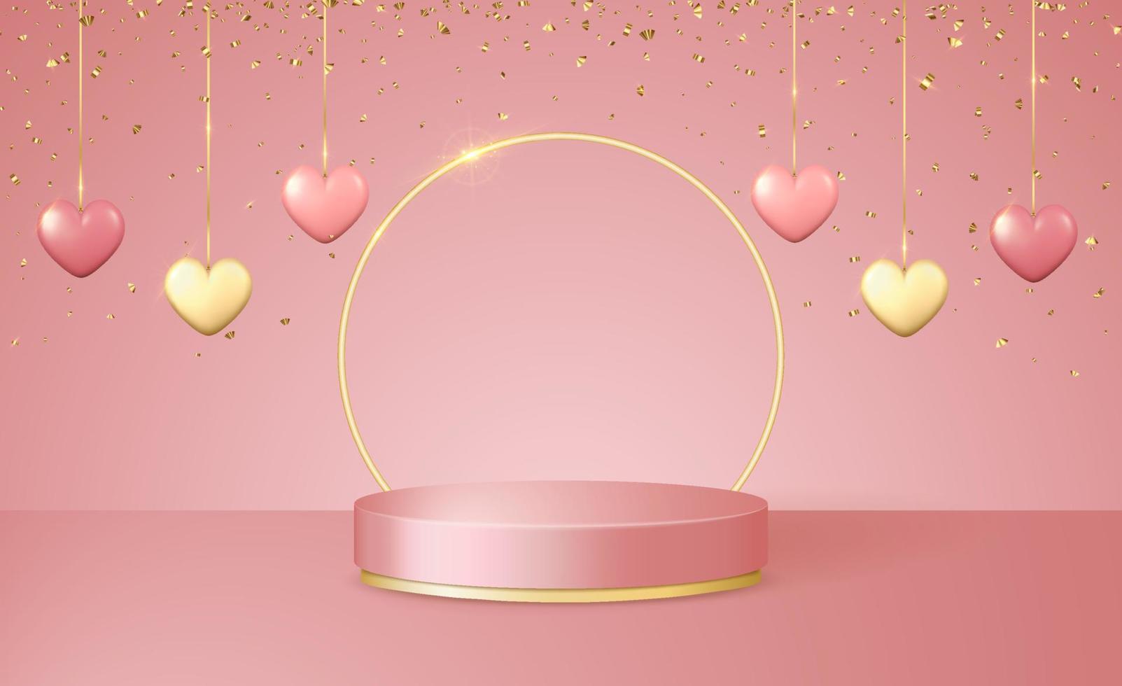 Happy Valentine's Day 3d scene with pink and gold podium platform, heart garlands and confetti. vector