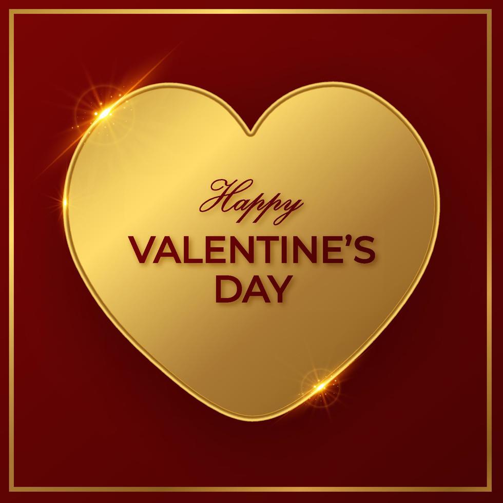 Happy Valentine's Day greeting card with big golden heart on red background. vector