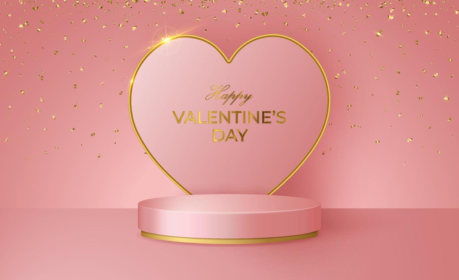 Happy Valentine's Day 3d scene with pink and gold podium platform, heart and confetti. vector