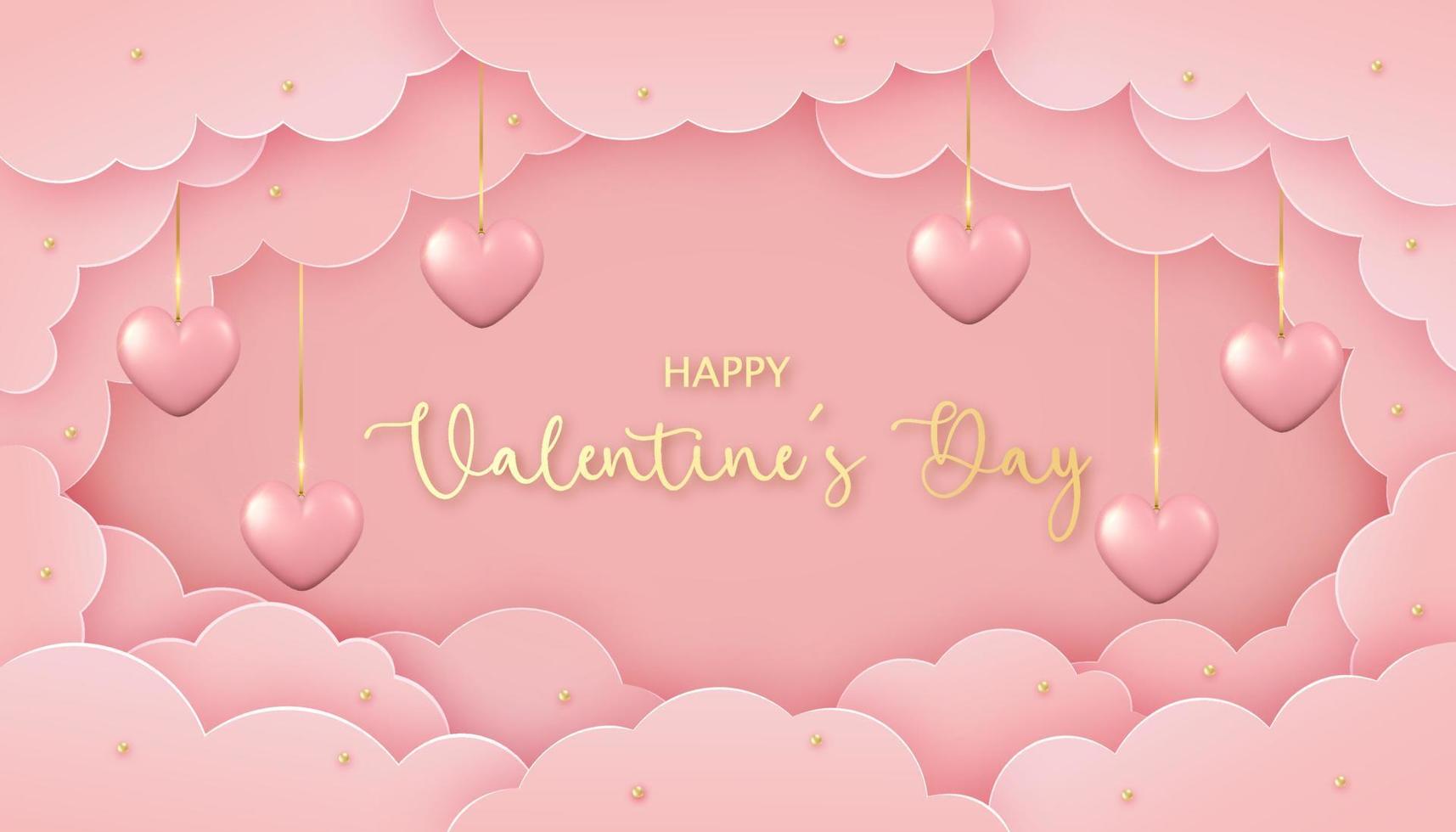 Happy Valentine's Day greeting card in paper cut style. 3d hearts and paper clouds on pink background. vector