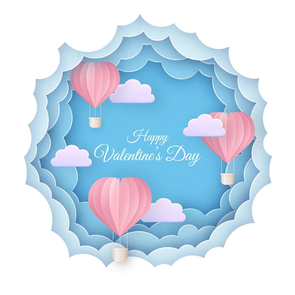 contento San Valentín día. saludo tarjeta en papel cortar estilo. papel globos y 3d nubes en un azul cielo antecedentes. vector