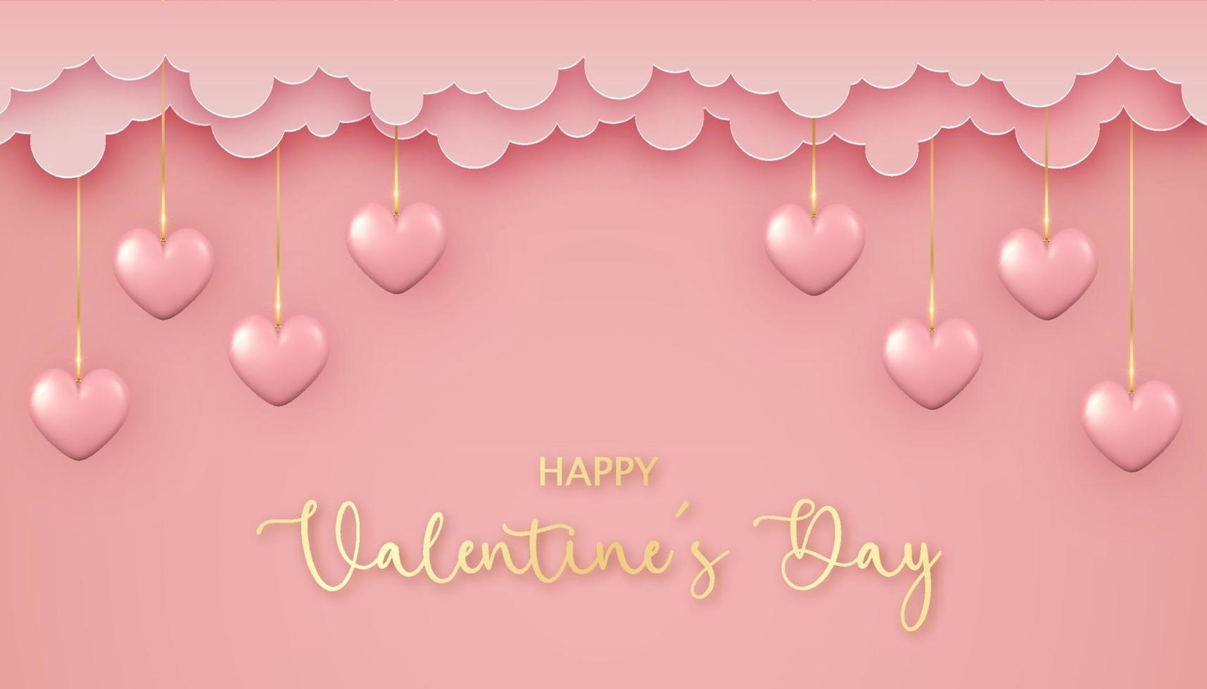 Happy Valentine's Day background in paper cut style. 3d hearts hanging on chains on pink background with paper clouds. vector