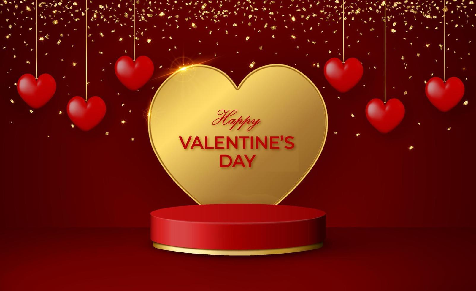 Happy Valentine's Day 3d scene with red and gold podium platform, big golden heart, garlands and confetti. vector