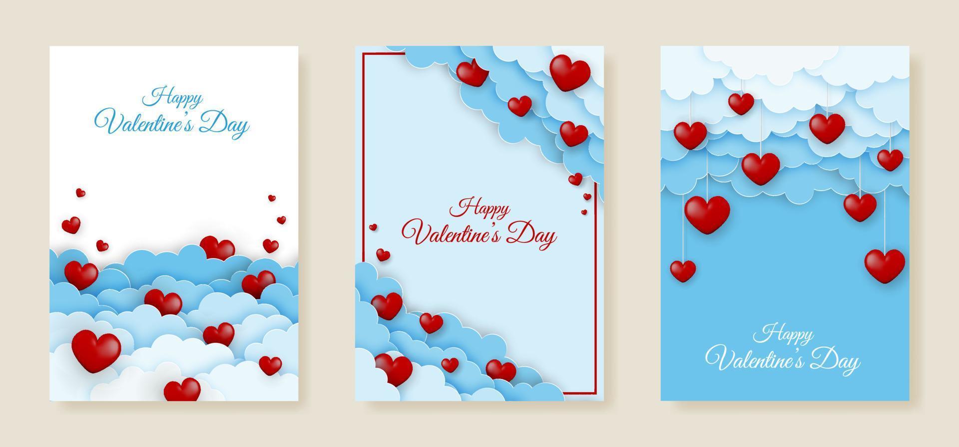 Valentine's Day greeting cards set. Paper clouds and red 3d hearts on a blue and white background. vector