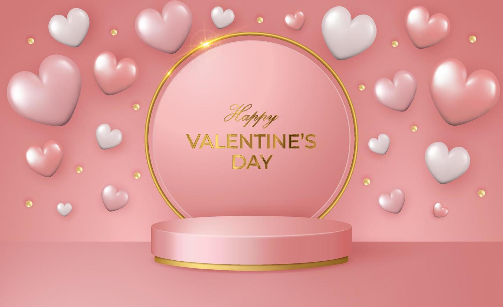 Happy Valentine's Day 3d scene with pink and gold podium platform and flying hearts. vector