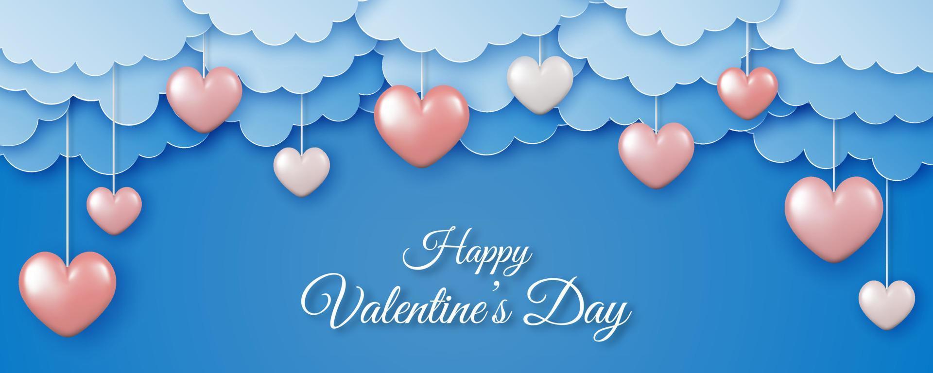 Paper art and craft style sky background with paper clouds and 3d hearts. vector