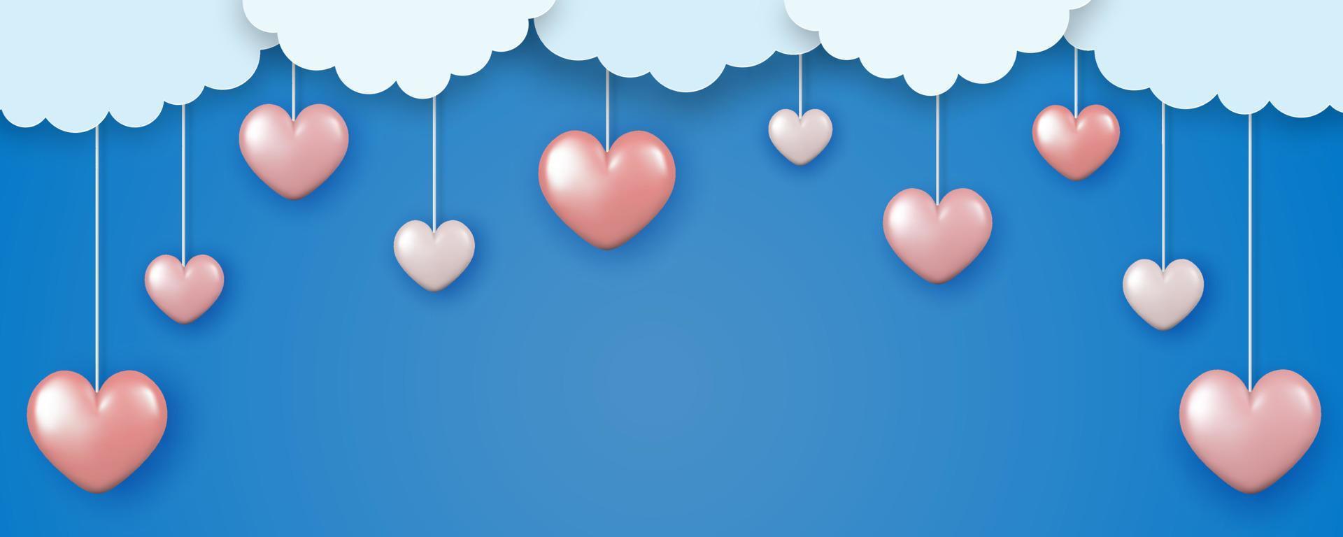 Valentine's Day banner in paper cut style. Paper clouds and 3d hearts on a blue sky background. vector