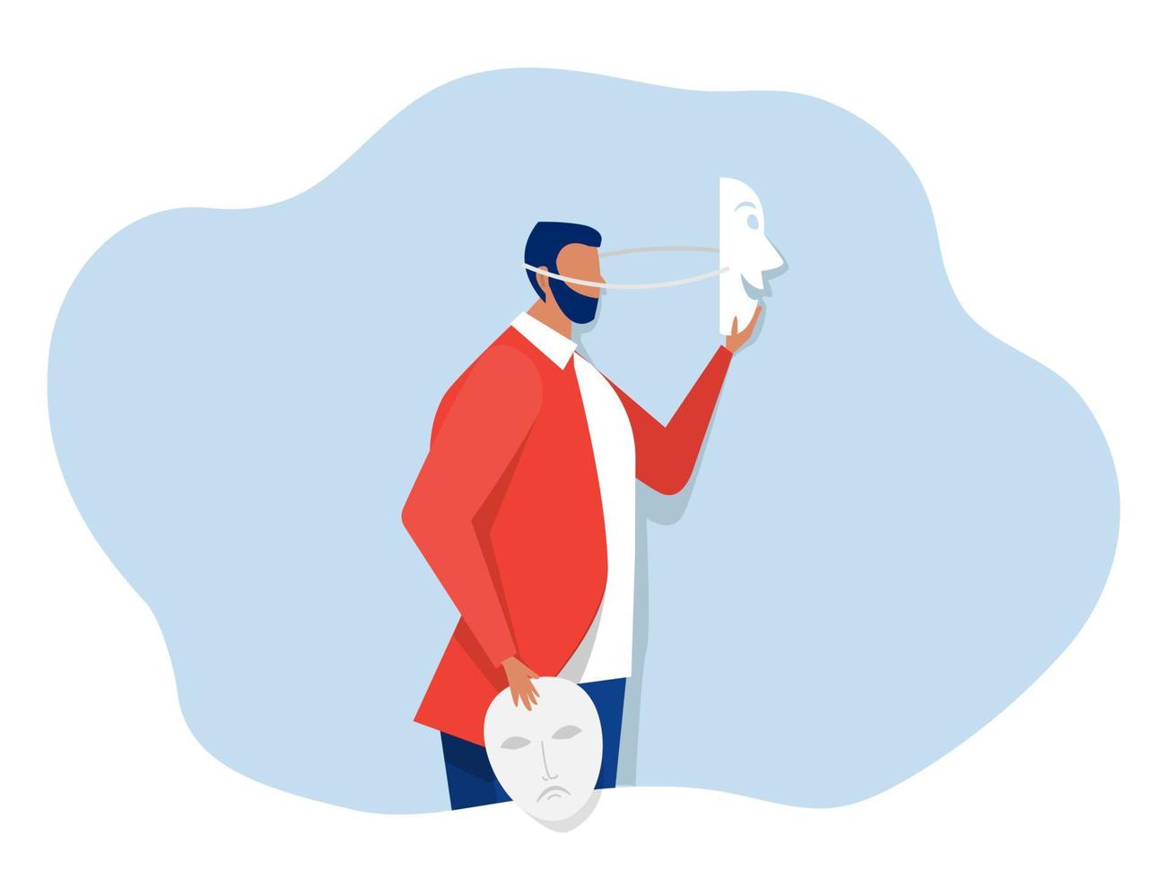 Imposter Syndrome. A businessman takes mask his imposter for Anxiety and lack of self confidence at work vector