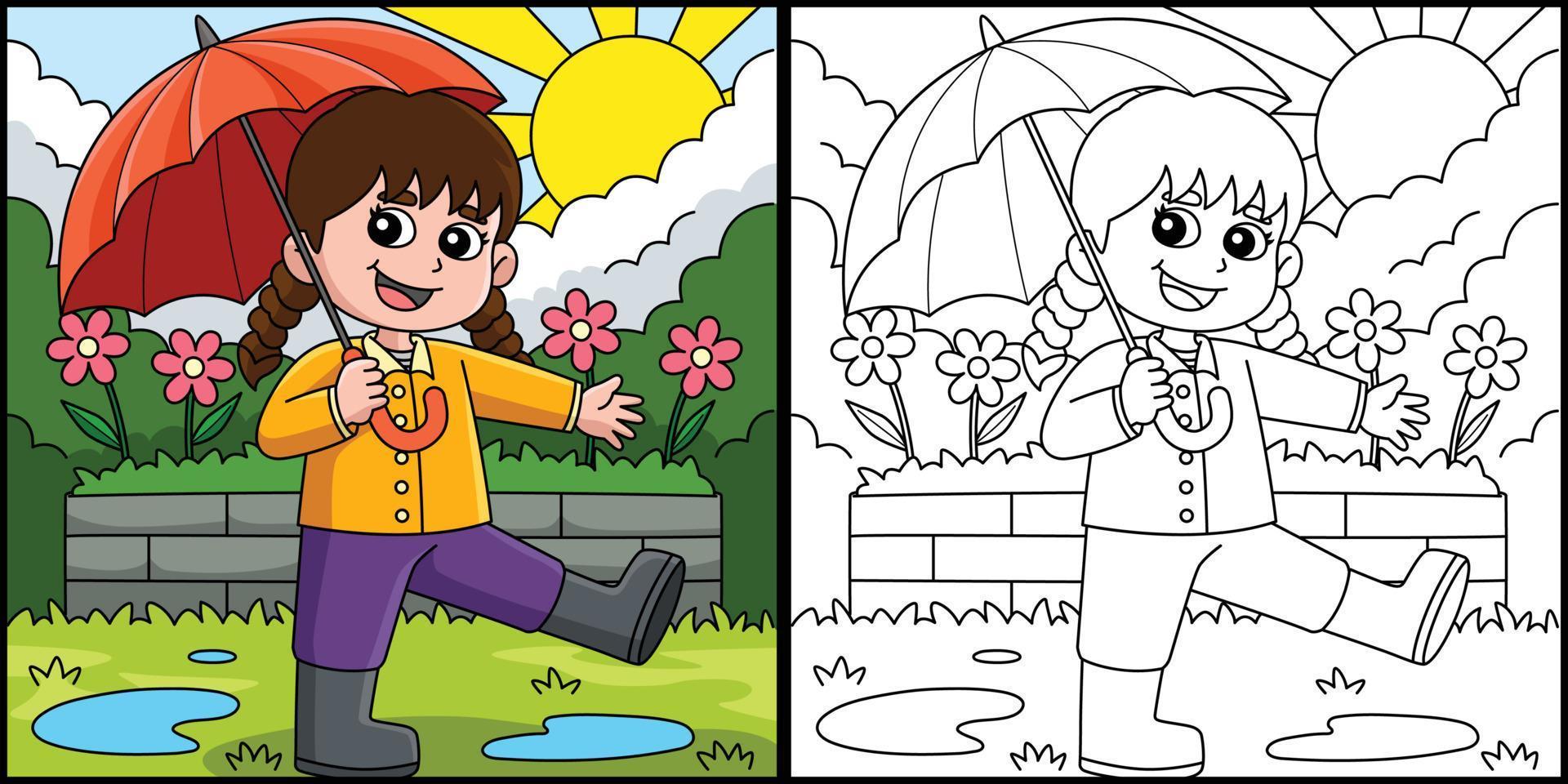 primavera niña participación un paraguas ilustración vector