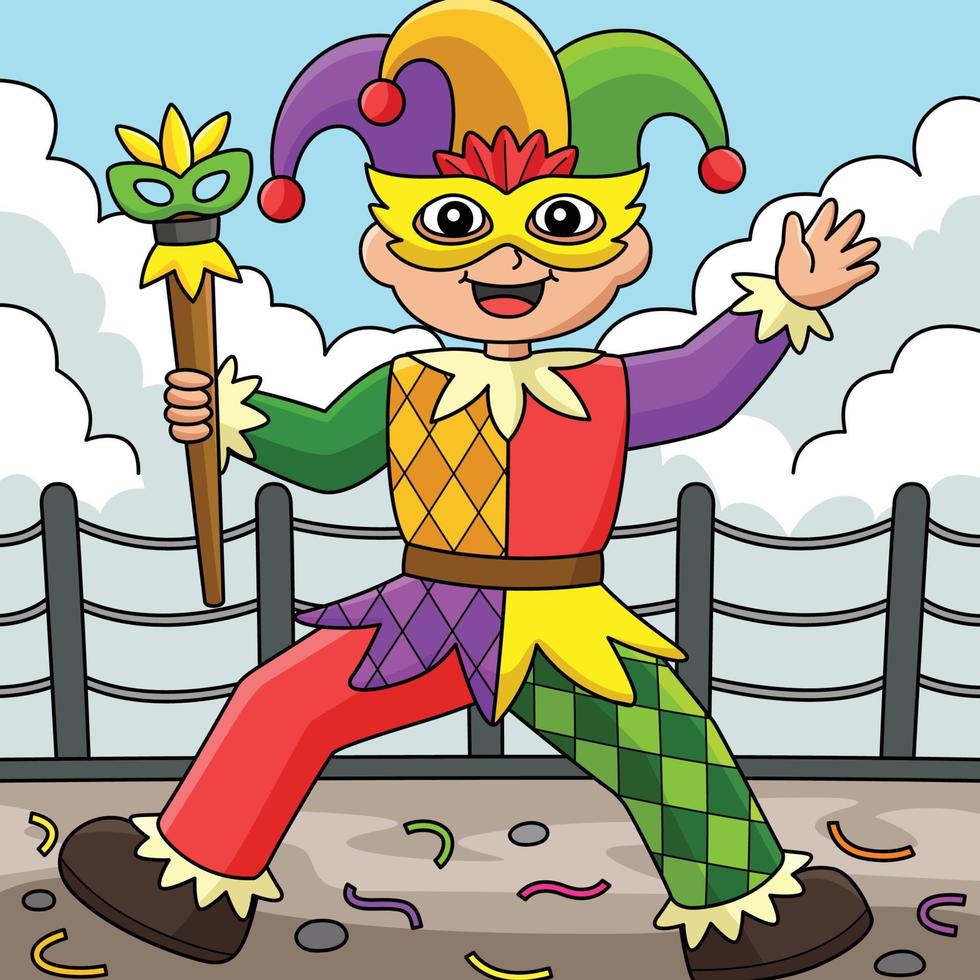 Mardi Gras Jester Boy with Baton Colored Cartoon vector