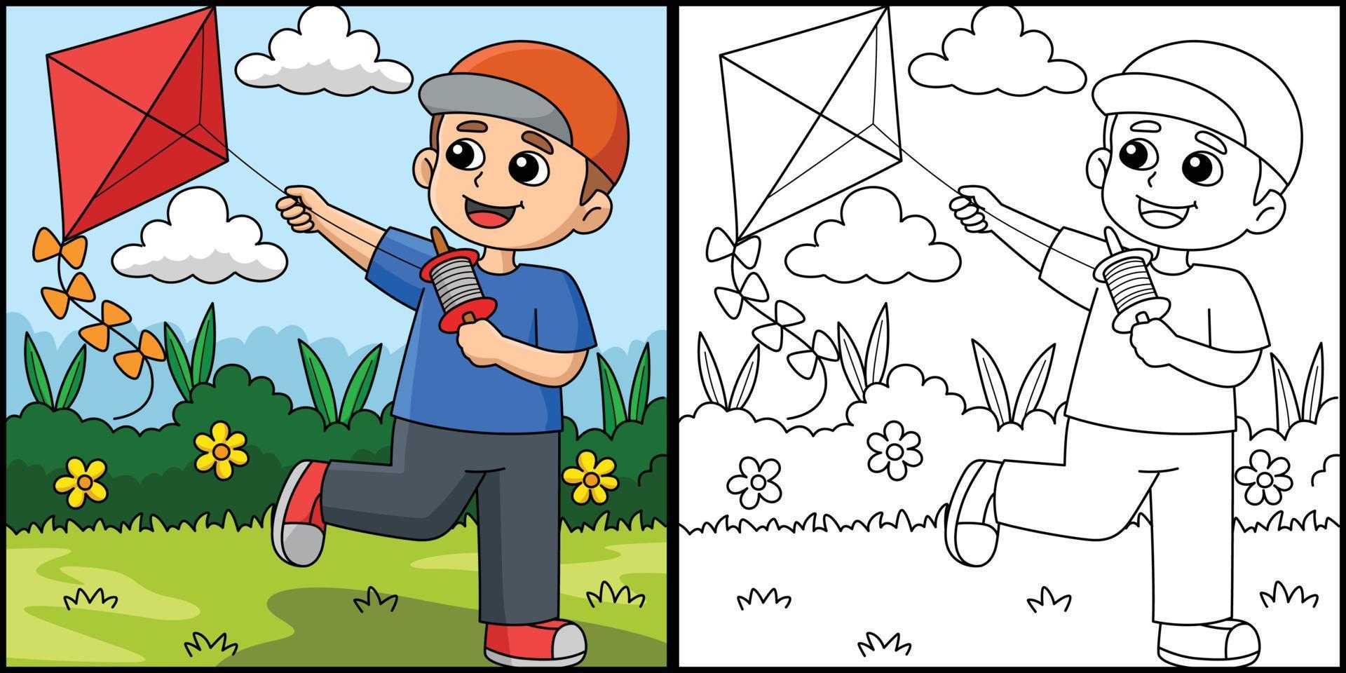 Spring Boy Flying a Kite Coloring Illustration vector