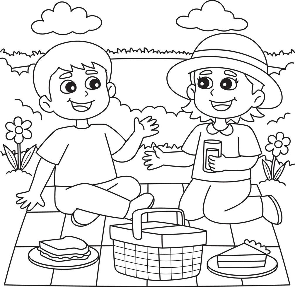 Spring Girl and Boy Having a Picnic Coloring Page vector