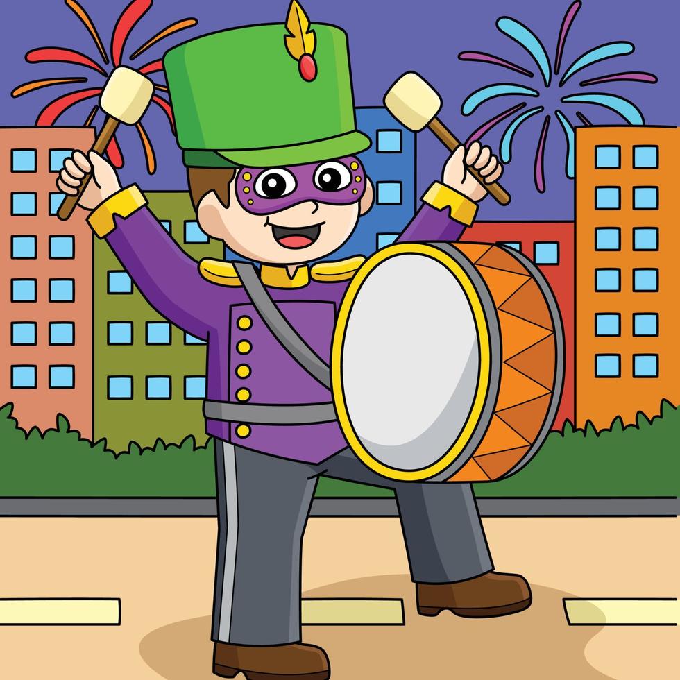 mardi gras chico jugando tambores de colores dibujos animados vector