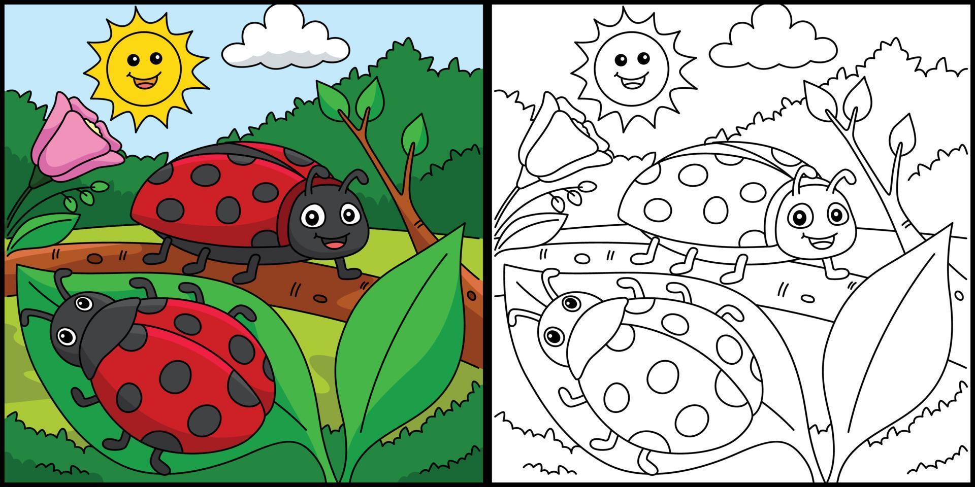Spring Two Ladybugs Coloring Page Illustration vector