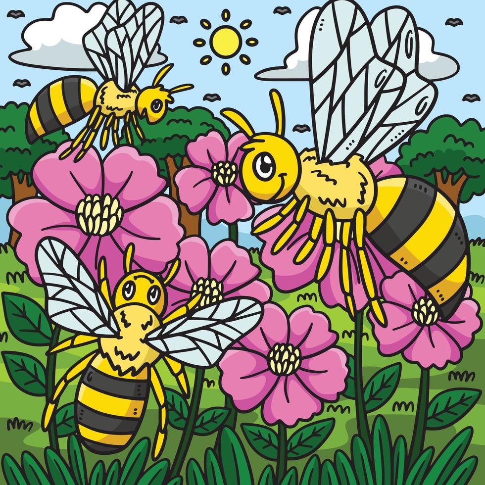 Spring Bees Collecting Pollen Colored Illustration vector