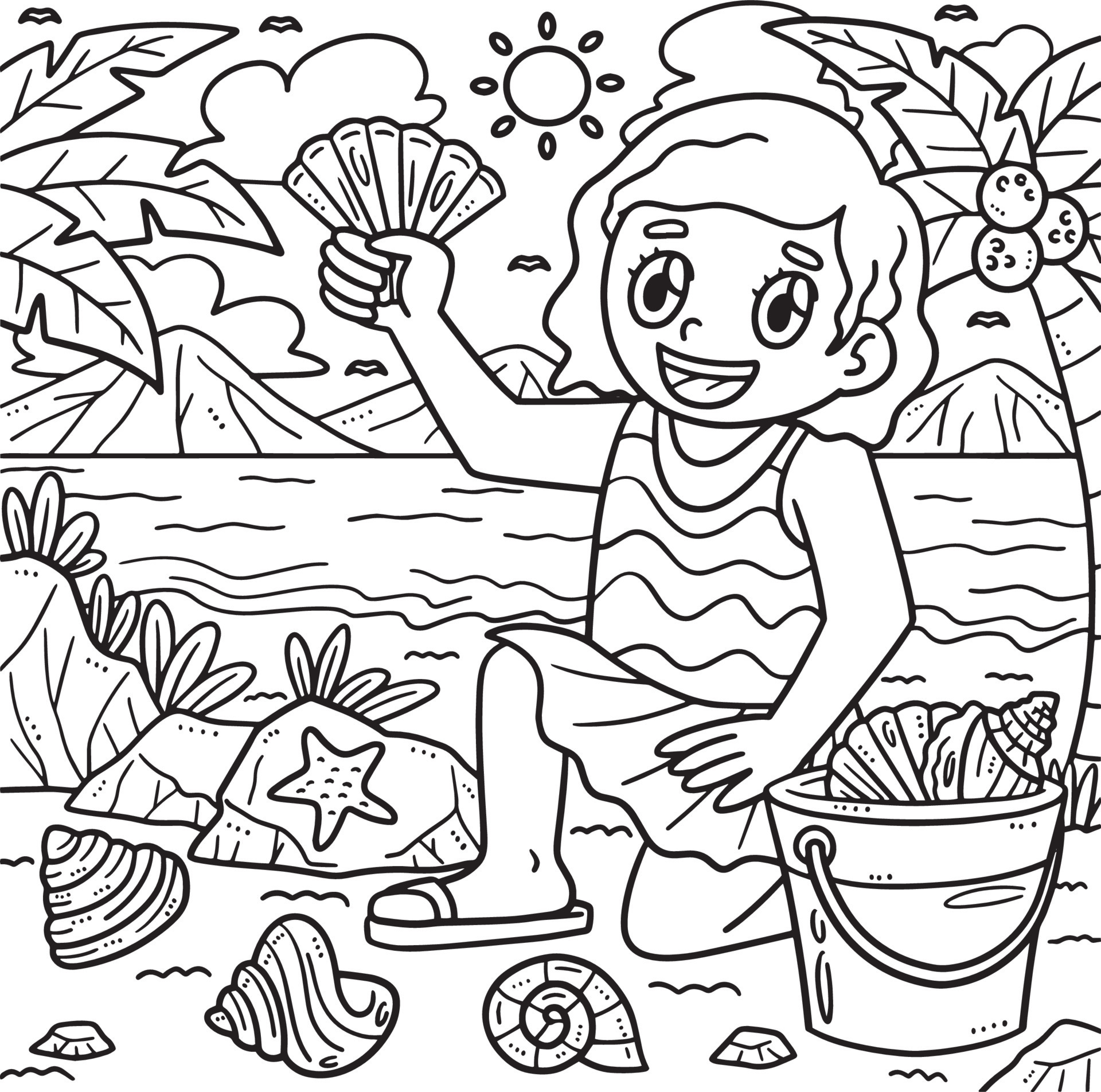 Summer Child Collecting Sea Shells Coloring Page 19977944 Vector Art At summer-child-collecting-sea-shells-coloring-page-19977944-vector-art-at