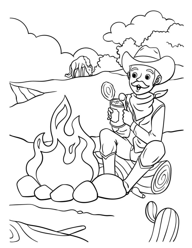 Cowboy Campfire Coloring Page for Kids vector