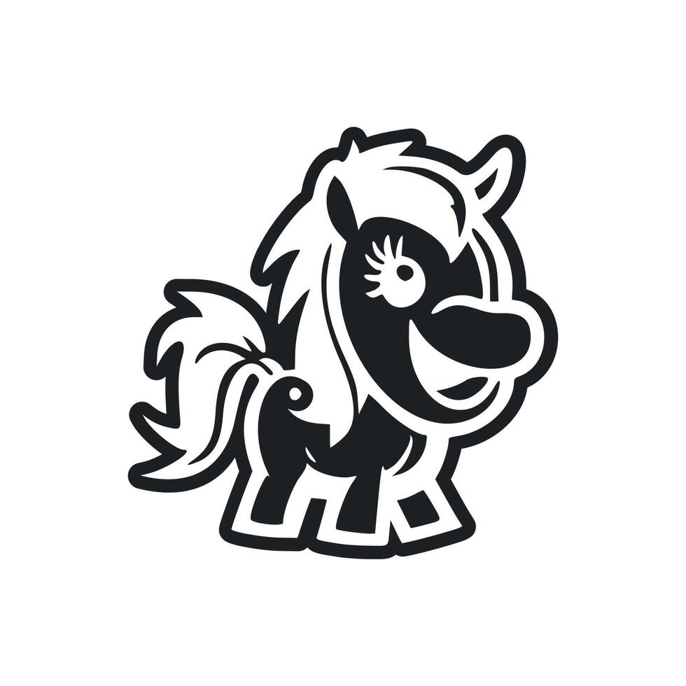 Black and white basic logo with an adorable cheerful pony. vector